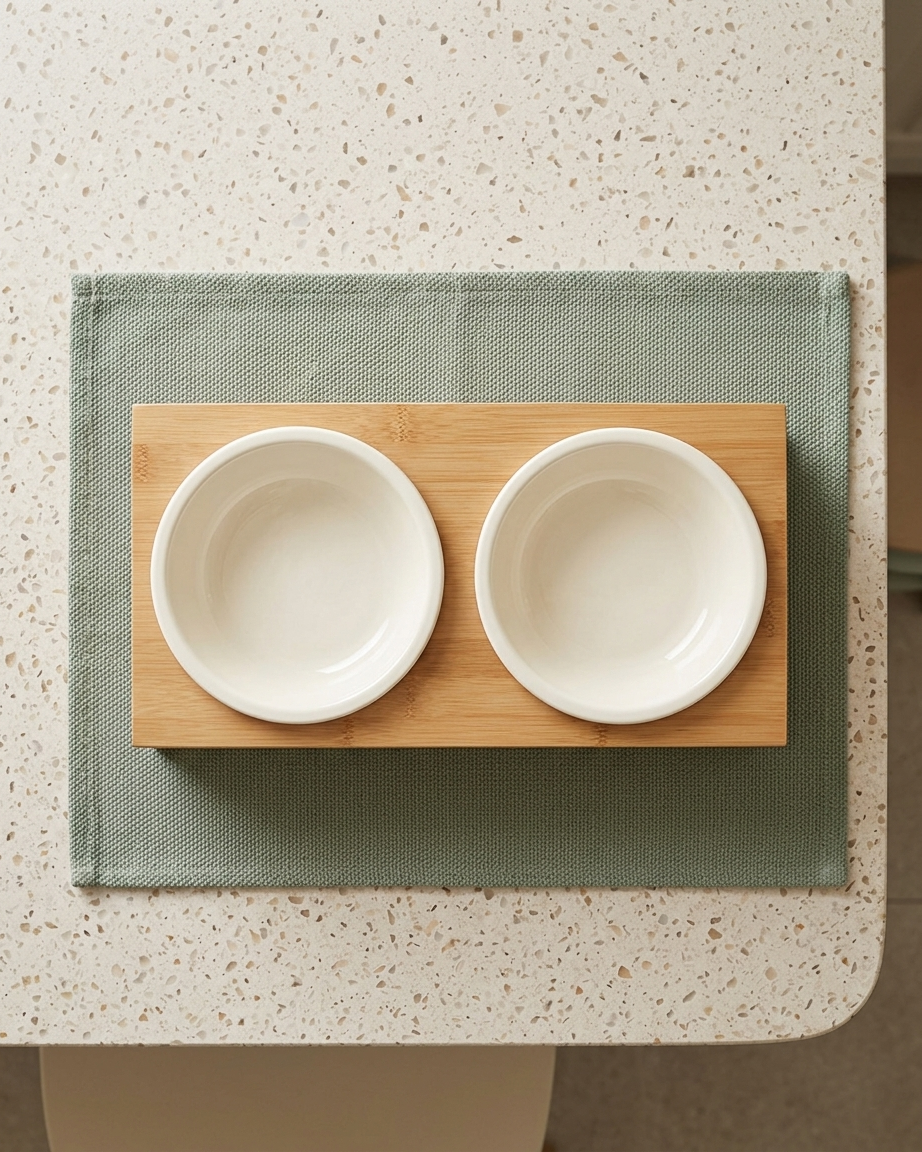 Doble cuenco de cerámica blanca con soporte de bambú natural