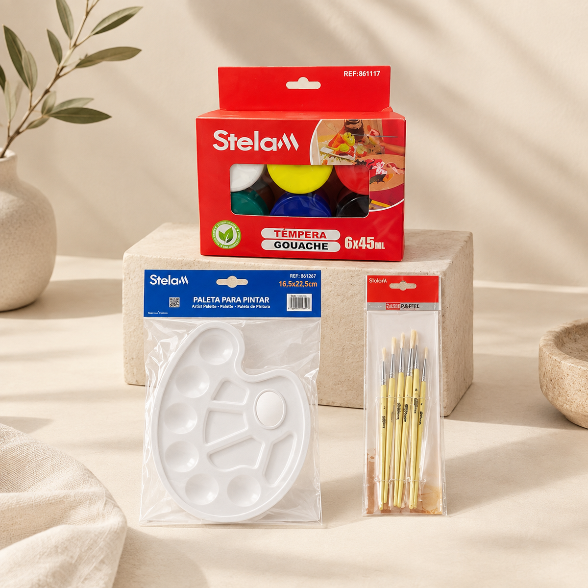Kit de Arte Stela: 6 Témperas Gouache 45ml + Paleta + 6 Pinceles