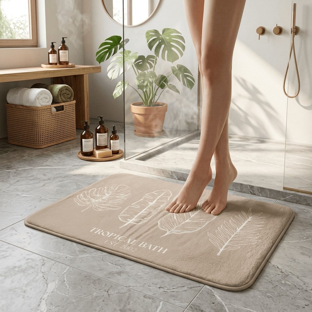 Alfombra de Baño Antideslizante Tropical Bath - Diseño de Hojas Beige - Sweet Home