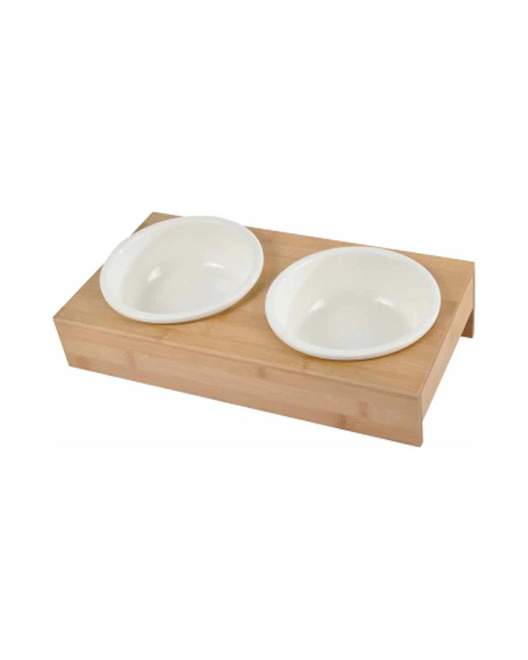 Doble cuenco de cerámica blanca con soporte de bambú natural