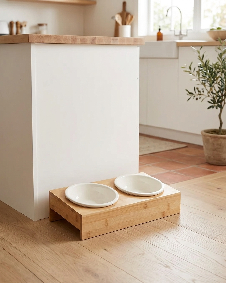 Doble cuenco de cerámica blanca con soporte de bambú natural