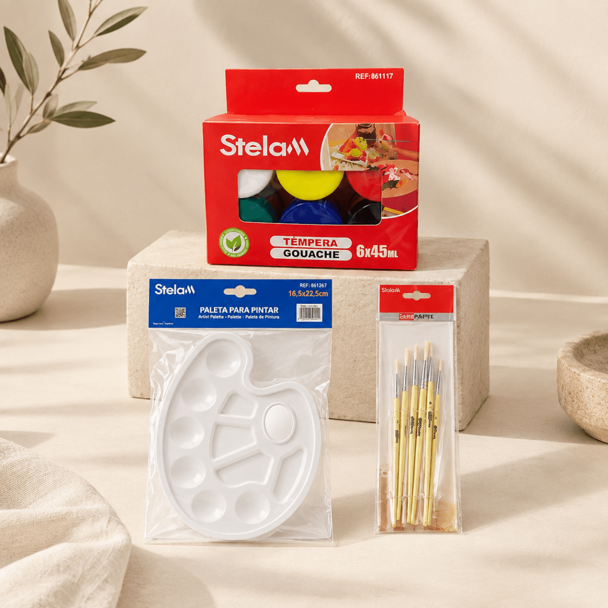 Kit de Arte Stela: 6 Témperas Gouache 45ml + Paleta + 6 Pinceles Kits de dibujo y pintura pinturas - Sweet Home