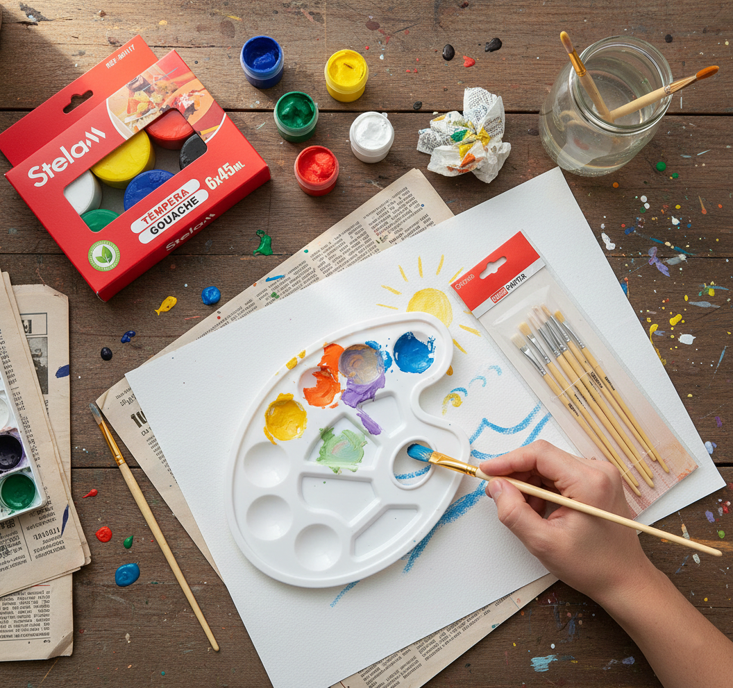 Kit de Arte Stela: 6 Témperas Gouache 45ml + Paleta + 6 Pinceles - Sweet Home
