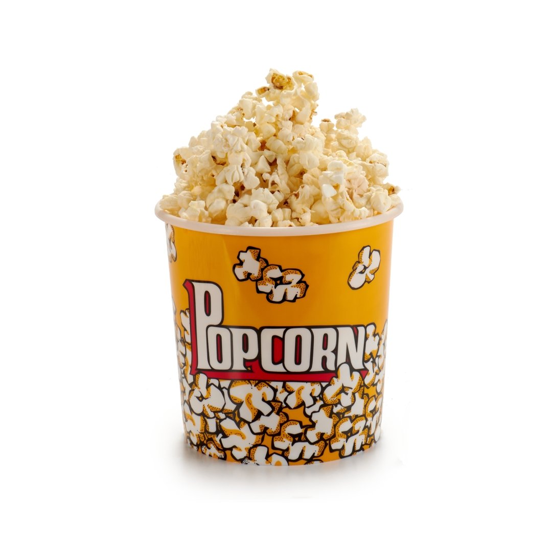 Cubo de palomitas de plástico amarillo con diseño retro de cine relleno de snacks - Sweet Home
