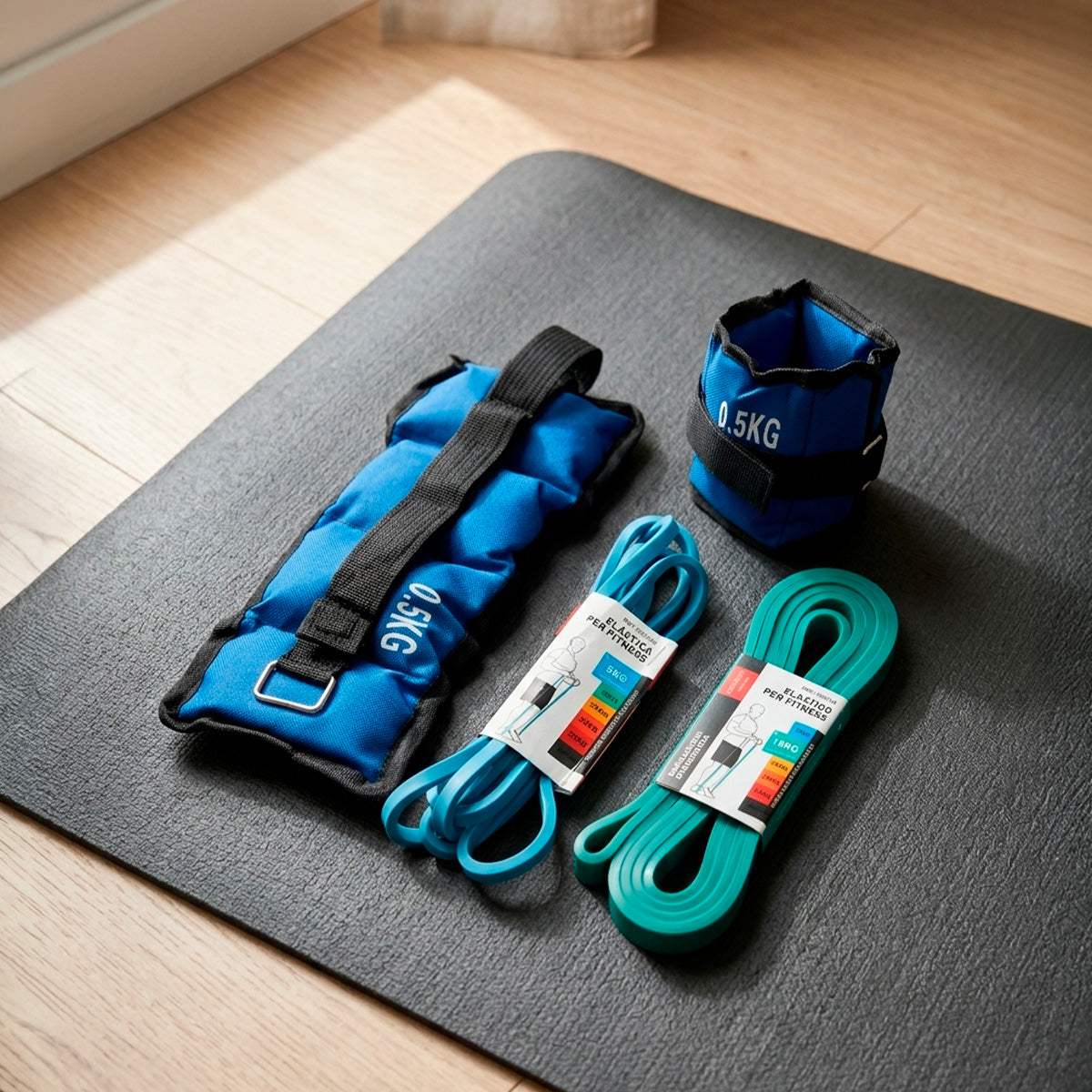 Kit de Entrenamiento Inicial: Pesas Tobilleras 0.5kg + Set de Bandas Elásticas
