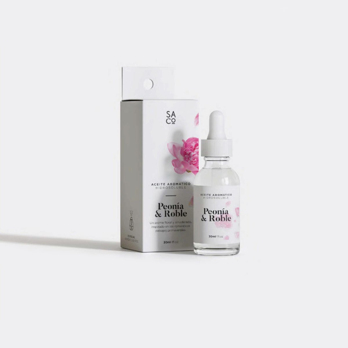Frasco con gotero y caja de aceite aromático hidrosoluble Peonía y Roble de 30ml para difusor de aromas Sweet Home