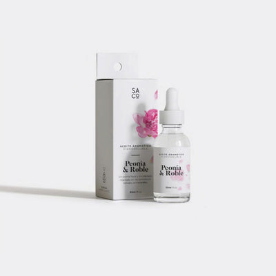 Frasco con gotero y caja de aceite aromático hidrosoluble Peonía y Roble de 30ml para difusor de aromas Sweet Home
