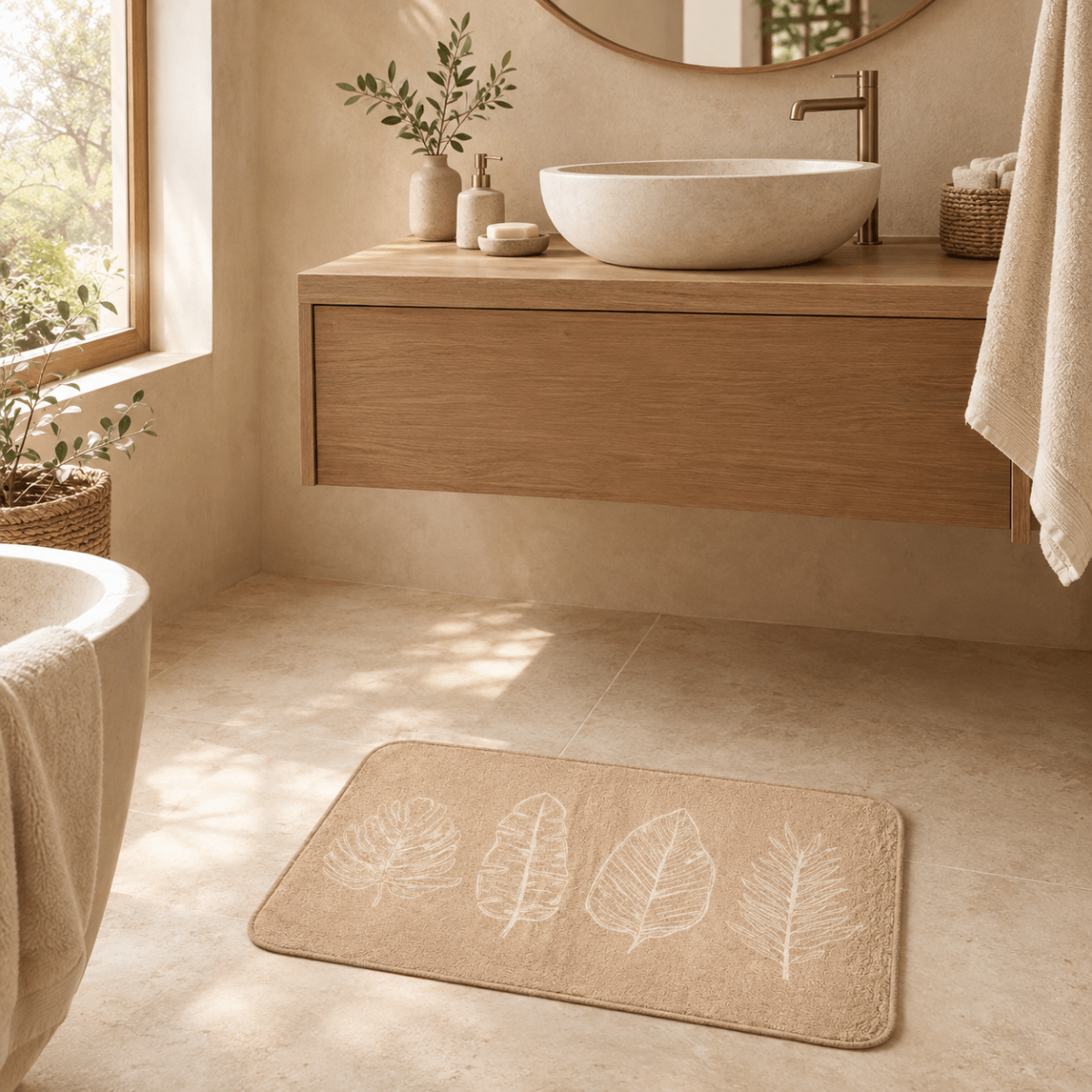 Alfombra de Baño Antideslizante Tropical Bath - Diseño de Hojas Beige Escobillas de baño y escobilleros Accesorios de baño - Sweet Home