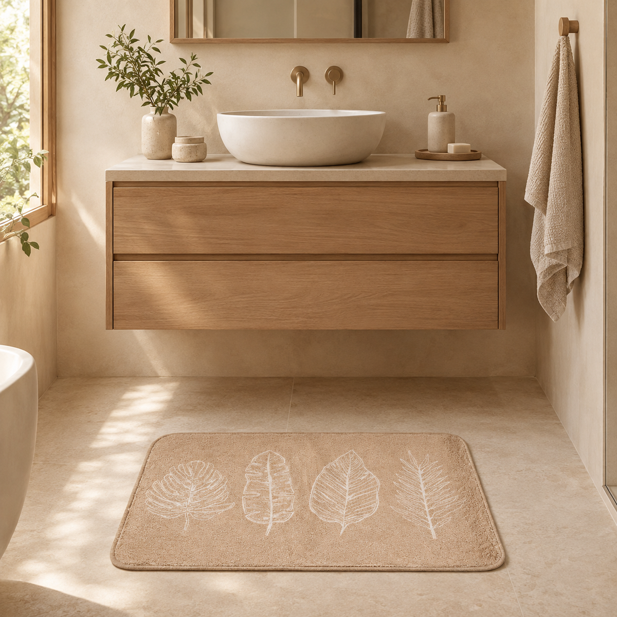 Alfombra de Baño Antideslizante Tropical Bath - Diseño de Hojas Beige