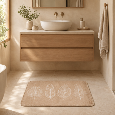 Alfombra de Baño Antideslizante Tropical Bath - Diseño de Hojas Beige