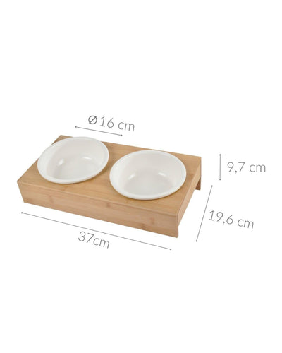 Doble cuenco de cerámica blanca con soporte de bambú natural