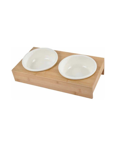 Doble cuenco de cerámica blanca con soporte de bambú natural