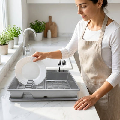 Escurreplatos Rectangular Gris con Bandeja Recoge agua Escurreplatos Cubertero - Sweet Home