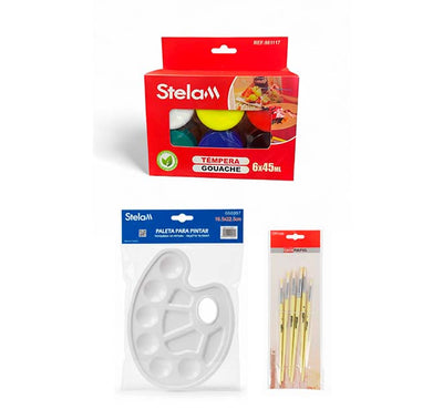 Kit de Arte Stela: 6 Témperas Gouache 45ml + Paleta + 6 Pinceles - Sweet Home