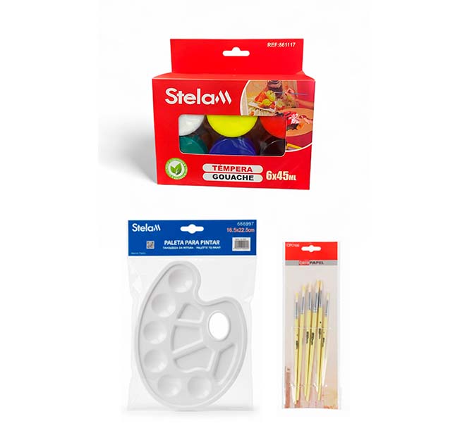 Kit de Arte Stela: 6 Témperas Gouache 45ml + Paleta + 6 Pinceles - Sweet Home