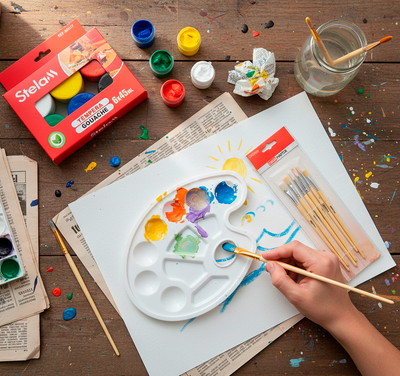 Kit de Arte Stela: 6 Témperas Gouache 45ml + Paleta + 6 Pinceles - Sweet Home
