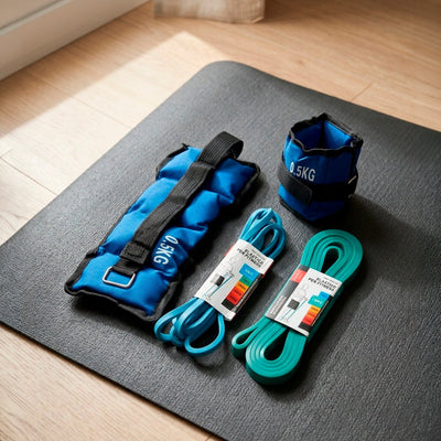 Kit de Entrenamiento Inicial: Pesas Tobilleras 0.5kg + Set de Bandas Elásticas Bandas para ejercicios casa - Sweet Home