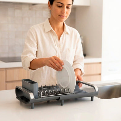 Mini escurridor de vajilla extensible con portacubiertos - negro / blanco Escurreplatos cocina - Sweet Home
