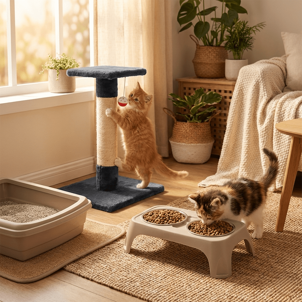 Pack Bienestar para Gatos: Rascador, Comedero Doble y Gatera | Sweet Home - Sweet Home