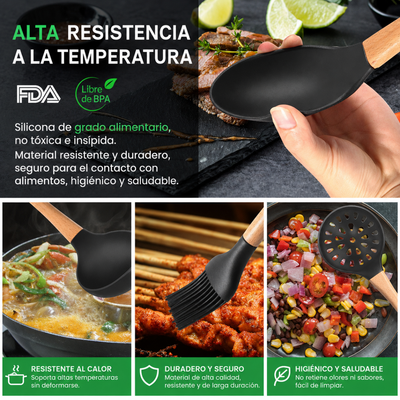Set de 12 Utensilios de Cocina de Silicona con Mango de Bambú Juego de utensilios de cocina accesorios de cocina - Sweet Home