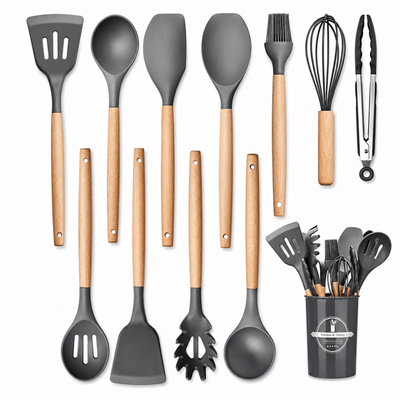 Set de 12 Utensilios de Cocina de Silicona con Mango de Bambú Juego de utensilios de cocina accesorios de cocina - Sweet Home