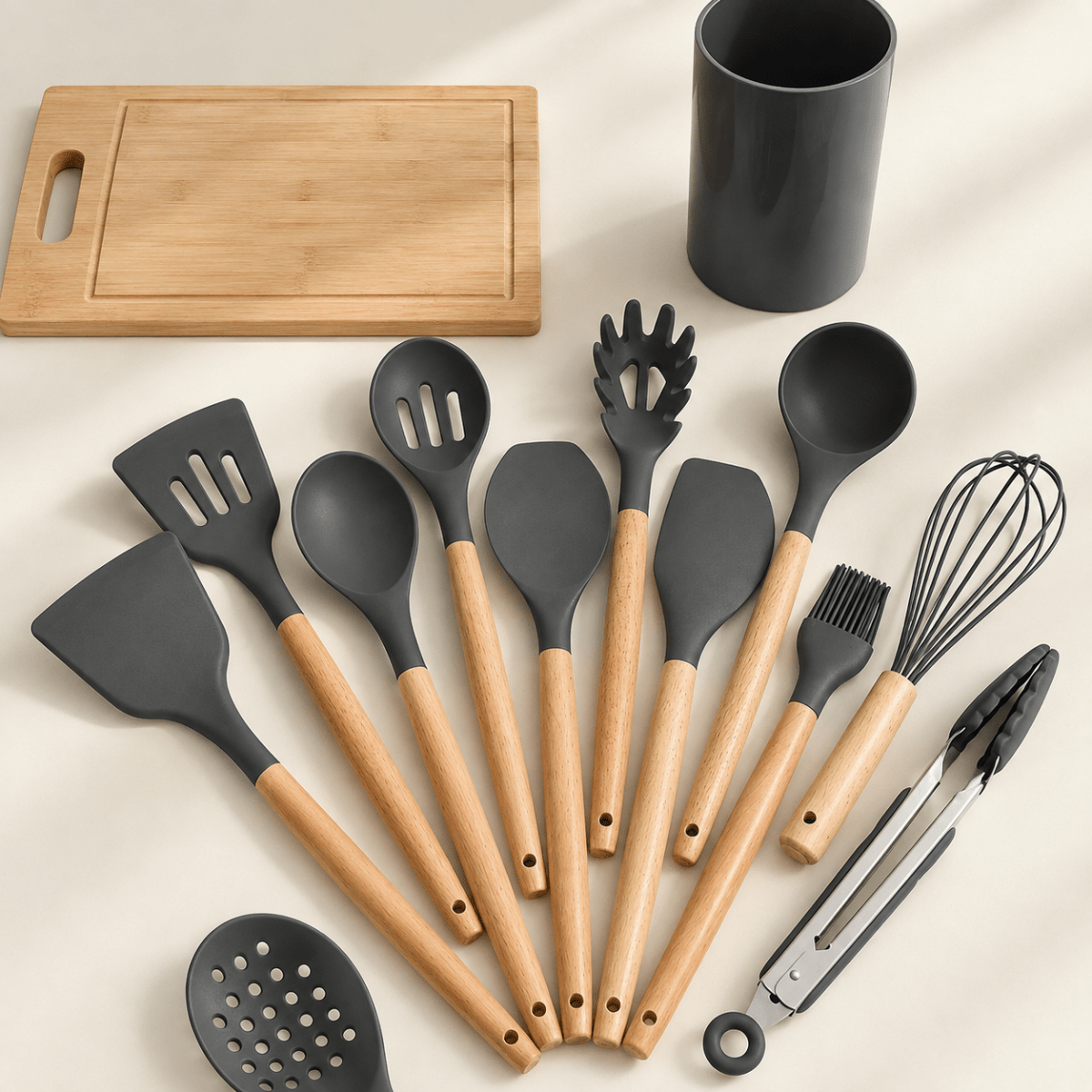 Set de 12 Utensilios de Cocina de Silicona con Mango de Bambú Juego de utensilios de cocina accesorios de cocina - Sweet Home