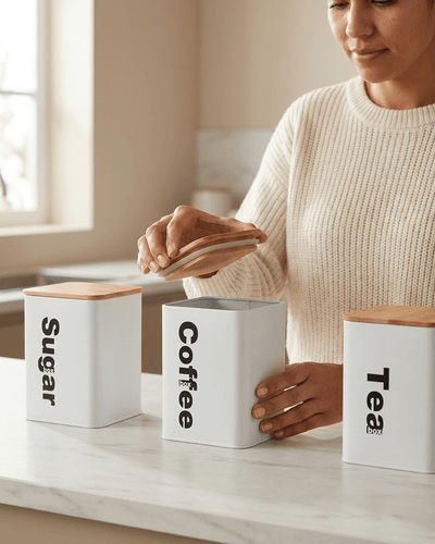 Set de 3 botes de metal con tapa de bambú Botes de galletas accesorios de cocina - Sweet Home