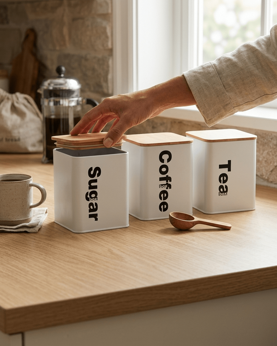 Set de 3 botes de metal con tapa de bambú Botes de galletas accesorios de cocina - Sweet Home