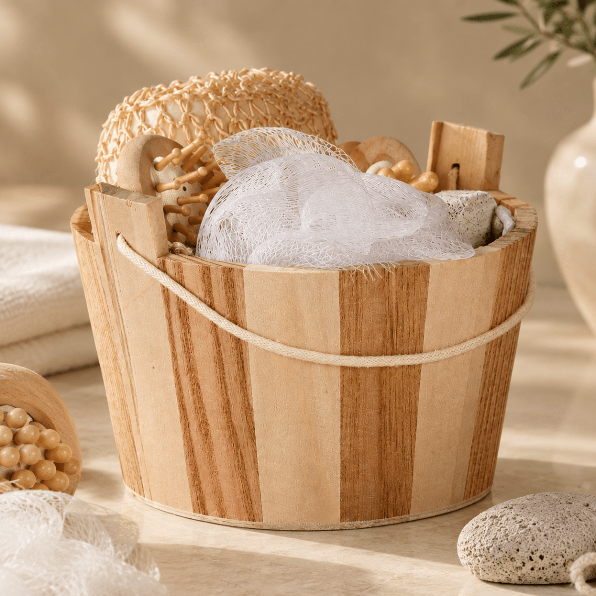 Set de Baño con Cubo de Madera Baño y cuidado corporal Accesorios de baño - Sweet Home