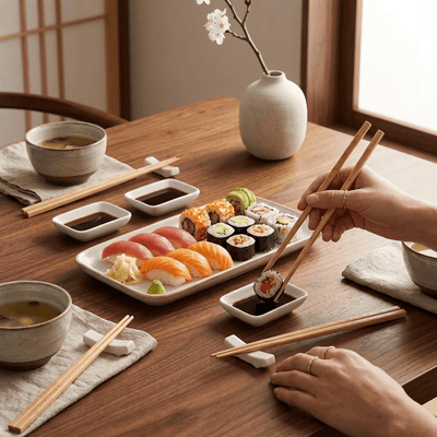 Set de Sushi para 2 Personas de Porcelana y Bambú - 12 Piezas - Sweet Home