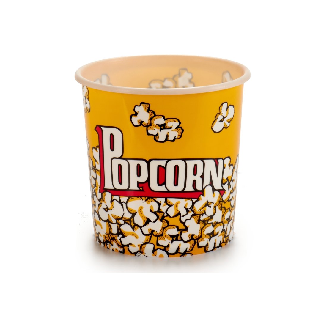 Cubo de palomitas de plástico amarillo con diseño retro de cine relleno de snacks - Sweet Home