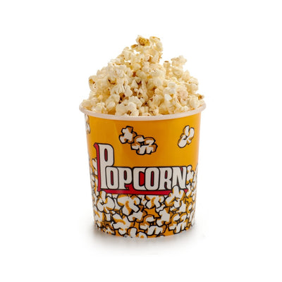 Cubo de palomitas de plástico amarillo con diseño retro de cine relleno de snacks - Sweet Home